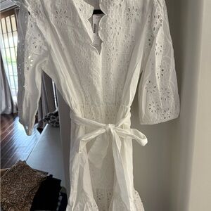 J. Crew White Eyelet Tie-Waist Long Sleeve Dress